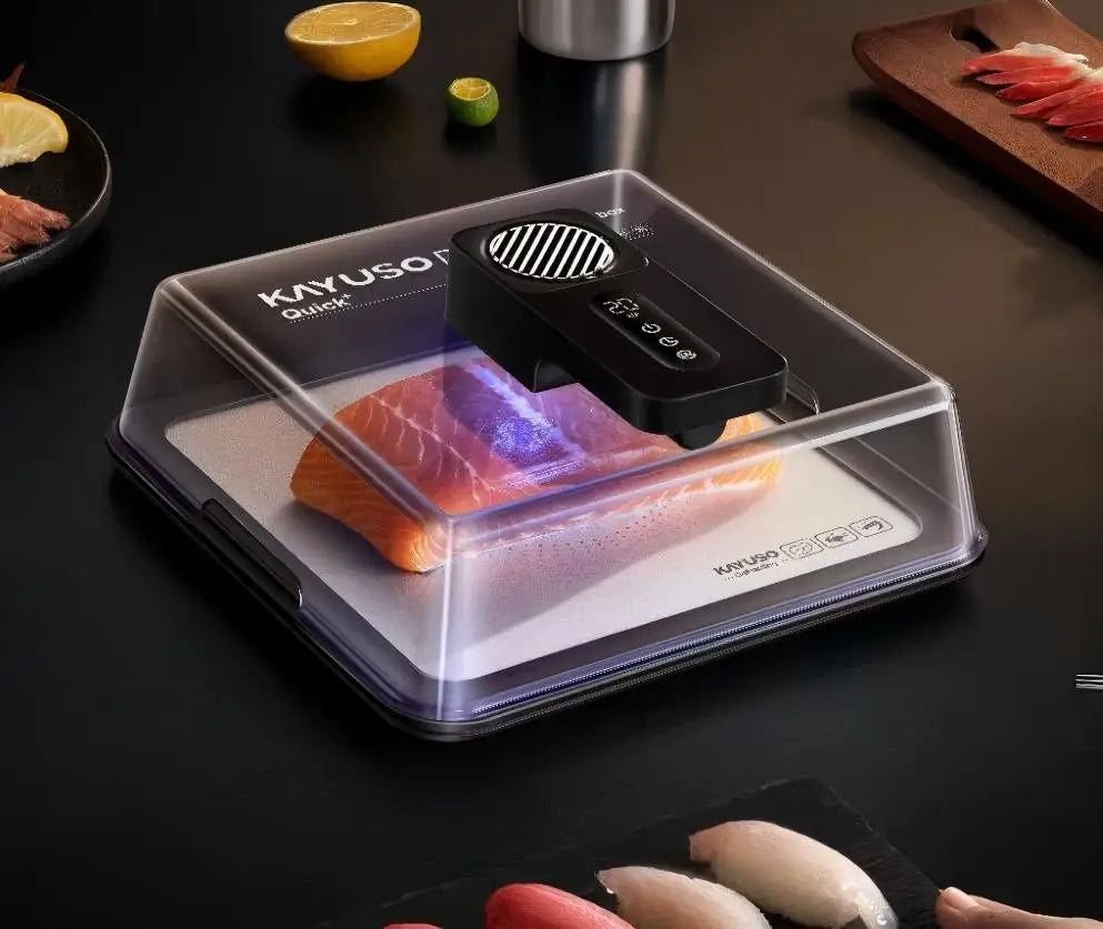 A sleek, white KAYUSO smart defrosting tray with a transparent cover, showing its modern design for a high-end kitchen.