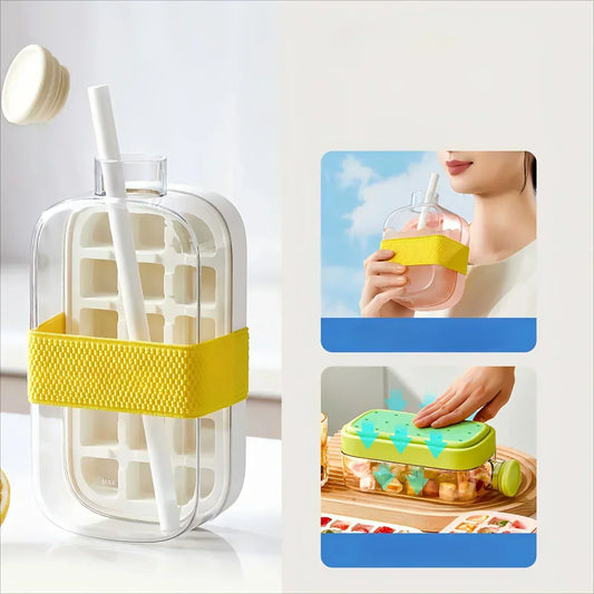 A person in a modern minimalist kitchen pressing the side of a green 2-in-1 ice maker bottle to release cubes.