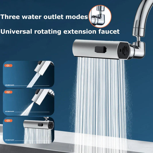 A universal rotating faucet nozzle attachment in a modern, sunlit kitchen with a sleek chrome finish.