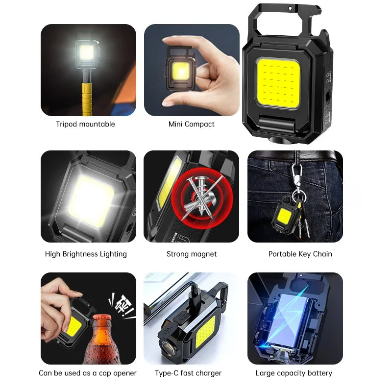 A multifunctional black keychain light with dual COB LED panels lit up, showing its compact and portable design.