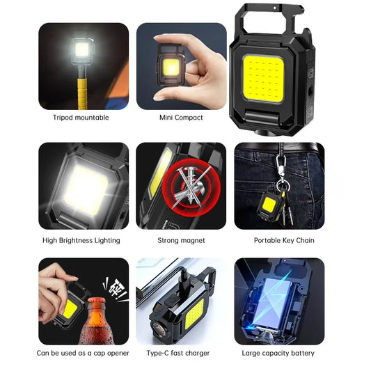 A multifunctional black keychain light with dual COB LED panels lit up, showing its compact and portable design.