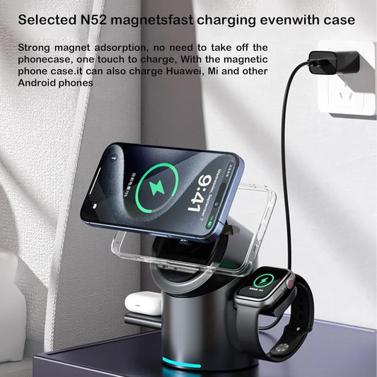 Compact and organized desktop setup featuring a 3-in-1 wireless hub powering an iPhone, Watch, and AirPods simultaneously.