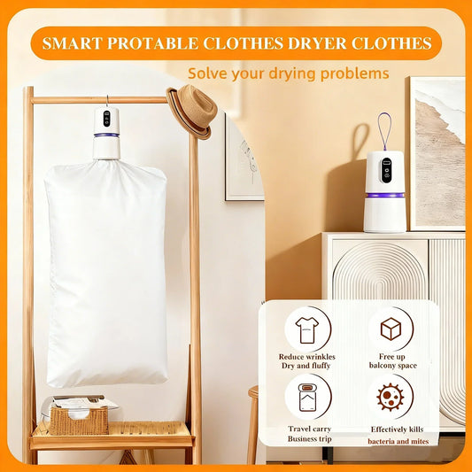 Portable 360 degree constant temperature clothes dryer hanging in a compact Swedish laundry room.