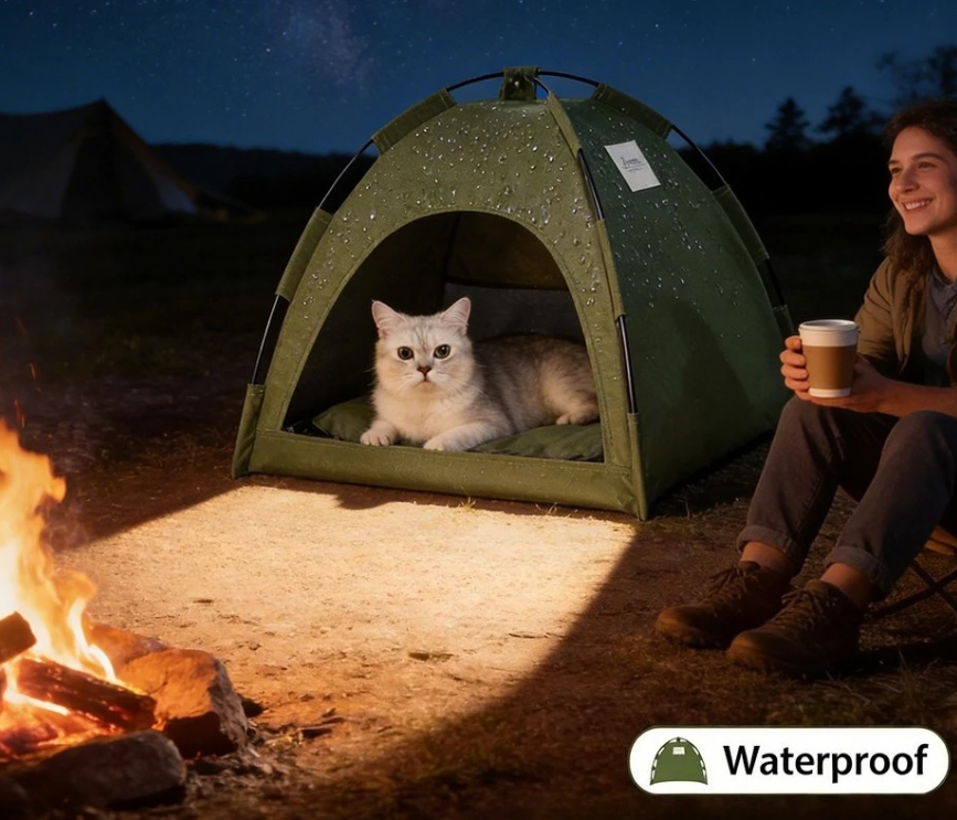 High-quality construction detail of the SmartNest™ dog and cat tent, showcasing durable natural wood poles and premium breathable fabric.