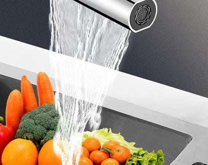A high-end kitchen setting featuring the SmartNest™ splash-proof waterfall tap, highlighting its durable construction and contemporary aesthetic for lifestyle-focused homes.