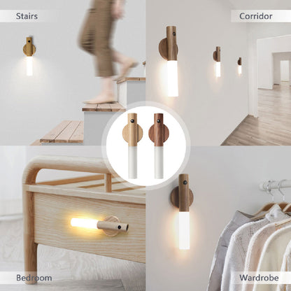 SmartNest™ wireless magnetic induction light installed inside a dark wardrobe, illuminating clothes with soft warm light.