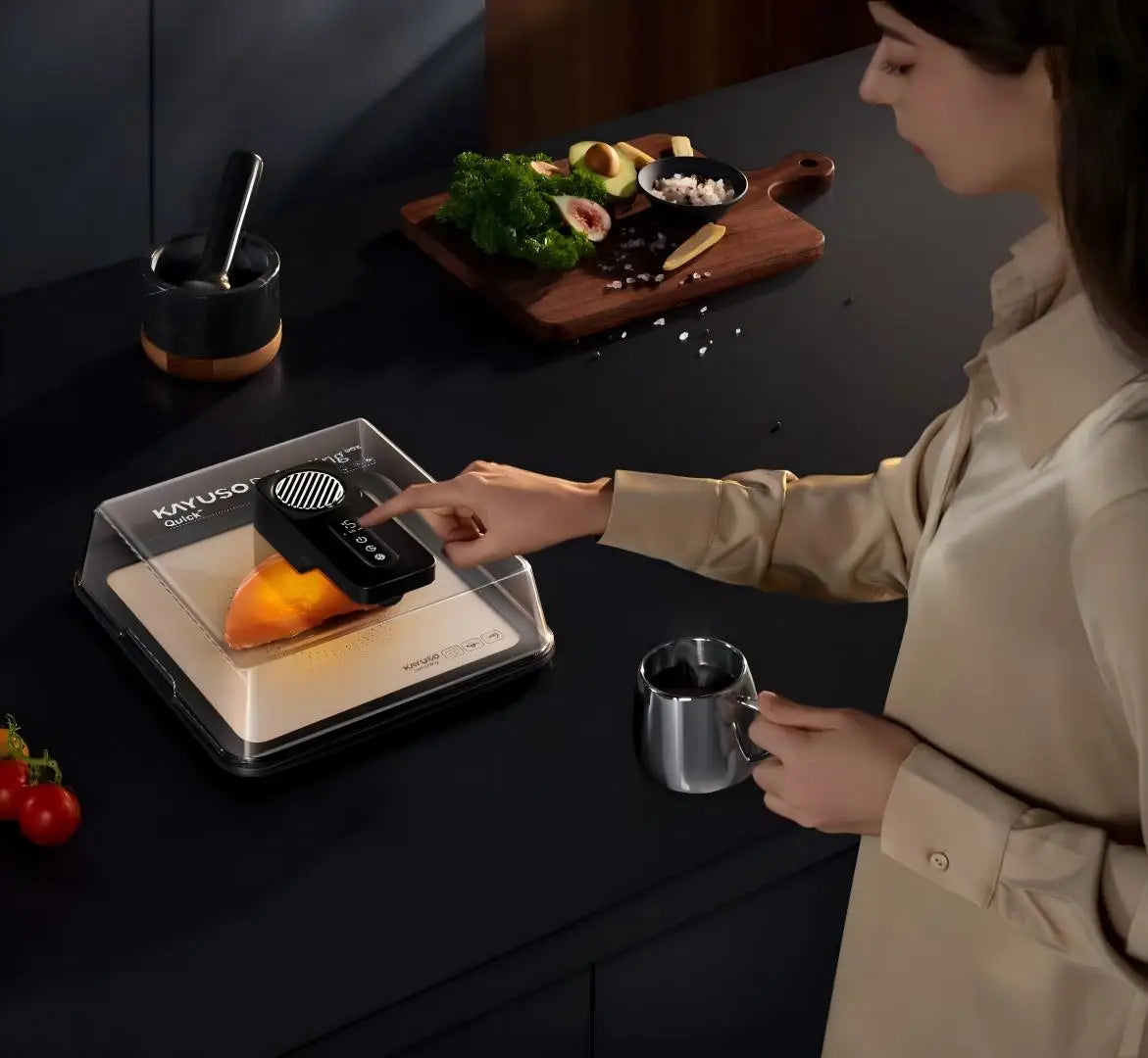 A person connecting a USB-C cable to the portable defrosting station, showcasing its energy-saving and mobile capabilities.