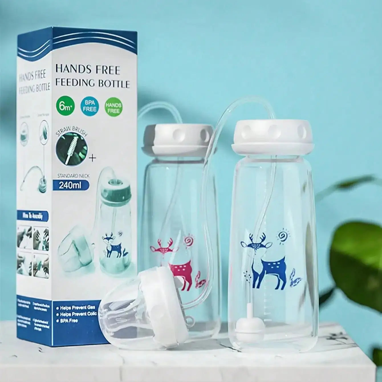 Demonstrating the easy-clean process using the included specialized straw brush for a 240ml feeding bottle set.