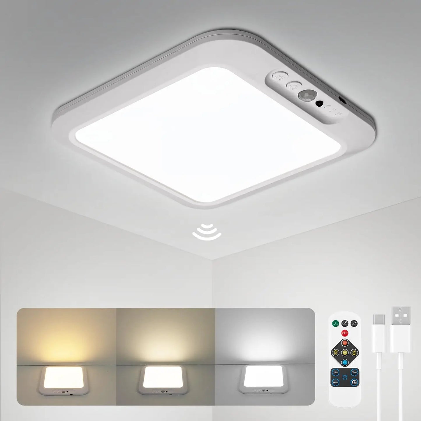 Wiederaufladbare, batteriebetriebene Deckenleuchte, kabellose Duschlampe mit Bewegungssensor für den Innenbereich und Fernbedienung, 3000K 4500K 6500K für Zimmer