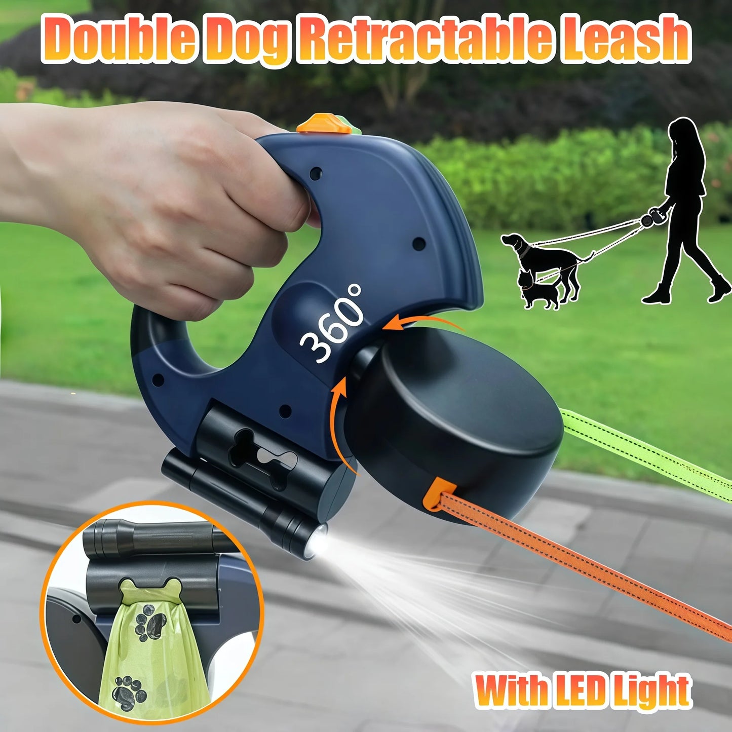 SmartNest™ automatic telescopic double-headed tractor, allowing independent control of two pets with a tangle-free, smooth retraction mechanism.