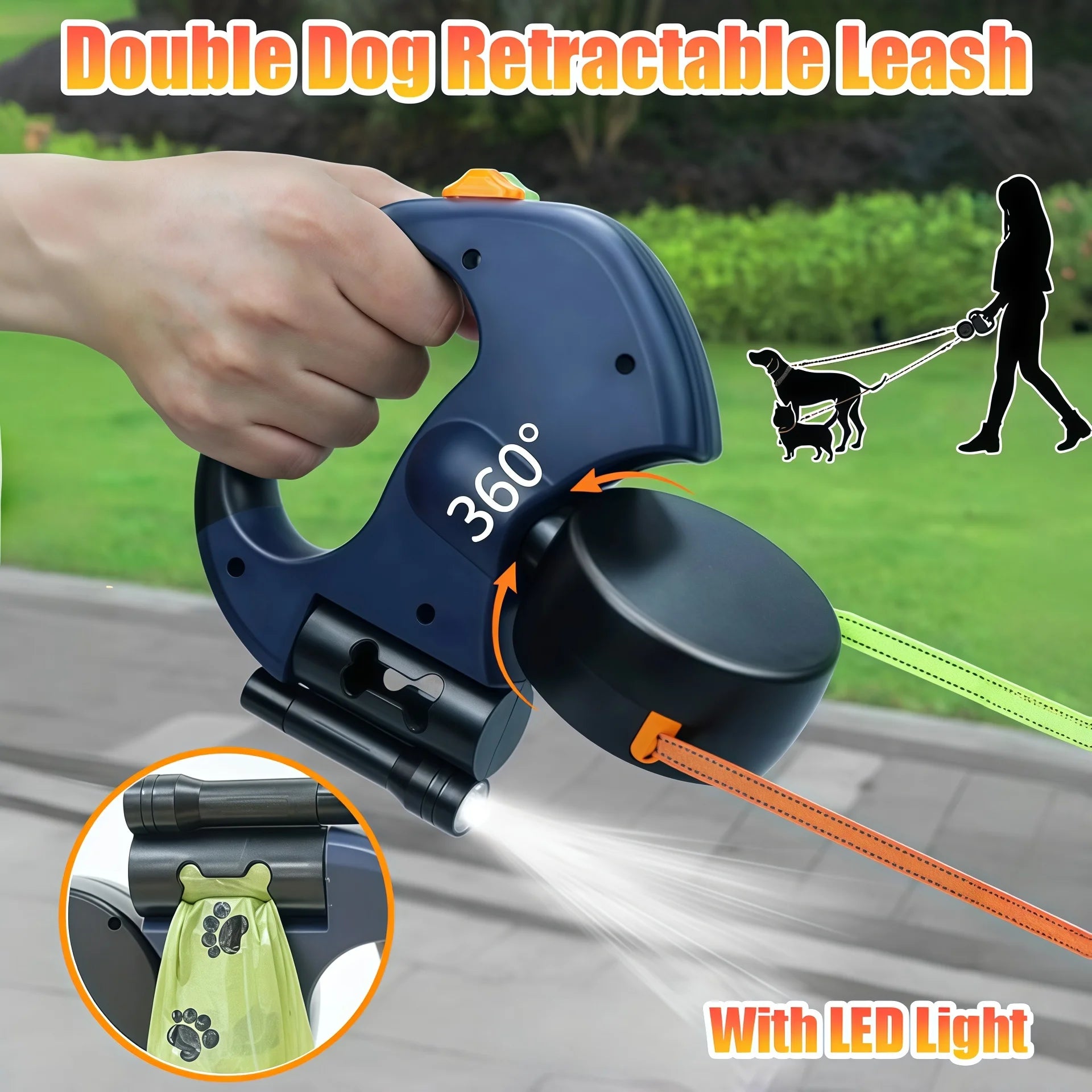 SmartNest™ automatic telescopic double-headed tractor, allowing independent control of two pets with a tangle-free, smooth retraction mechanism.