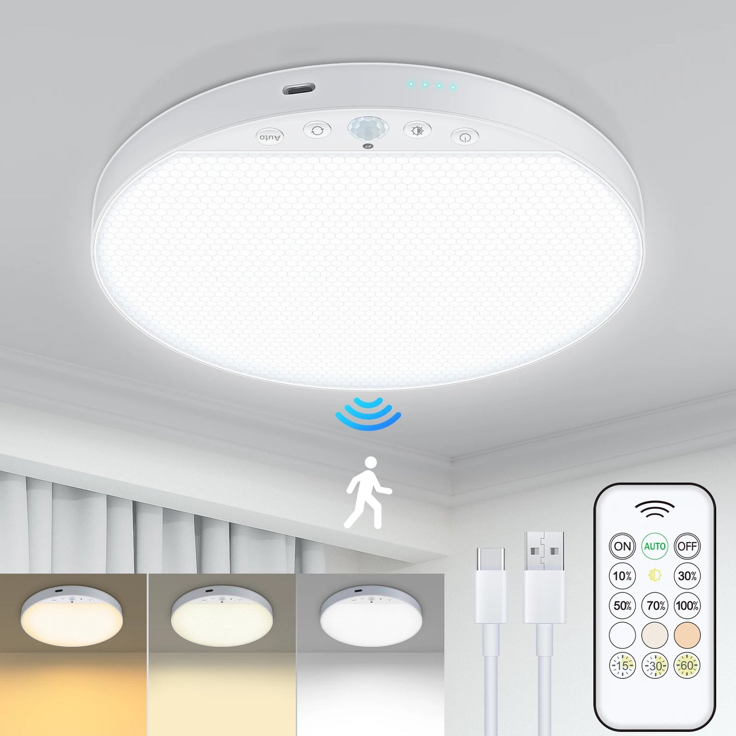 Rechargeable Wireless Motion Sensor Ceiling Light with Remote 