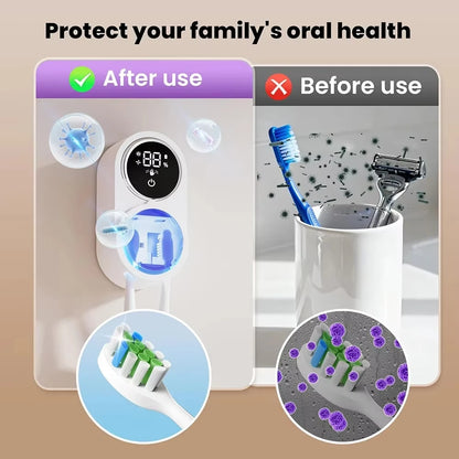 Product advertisement showing before and after use of a dental cleaning device.