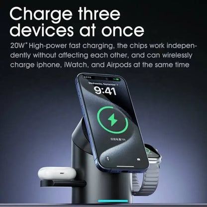 A sleek, cylindrical 3-in-1 Qi2 magnetic wireless charging station in a modern, minimalist office setting.