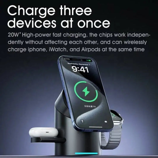 A sleek, cylindrical 3-in-1 Qi2 magnetic wireless charging station in a modern, minimalist office setting.