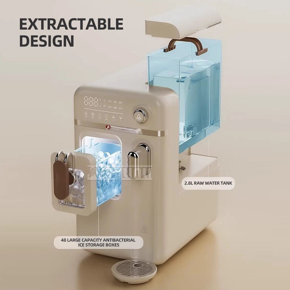 A hand dispensing 4mm pure bullet-shaped ice cubes into a glass from the visible storage box of a ZoomLand machine.