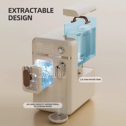 A hand dispensing 4mm pure bullet-shaped ice cubes into a glass from the visible storage box of a ZoomLand machine.