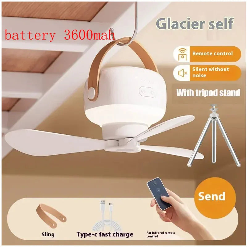 Tragbare Deckenventilatoren Wiederaufladbarer LED-Elektroventilator Nachtlampe Zuhause Outdoor Camping Zelt Hängeventilator Licht mit Fernbedienung