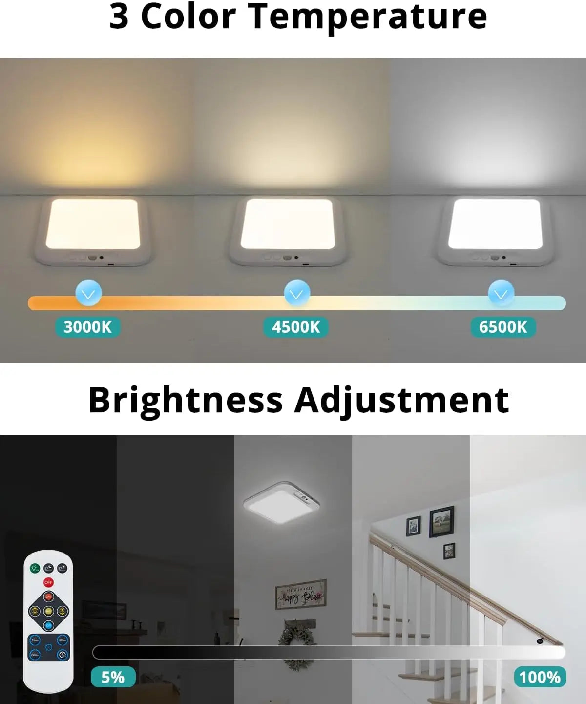 Wiederaufladbare, batteriebetriebene Deckenleuchte, kabellose Duschlampe mit Bewegungssensor für den Innenbereich und Fernbedienung, 3000K 4500K 6500K für Zimmer