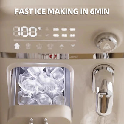 Close-up of the LED smart control panel showing temperature settings and a 6-minute rapid ice-making progress bar.