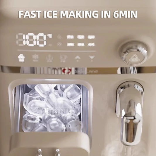 Close-up of the LED smart control panel showing temperature settings and a 6-minute rapid ice-making progress bar.