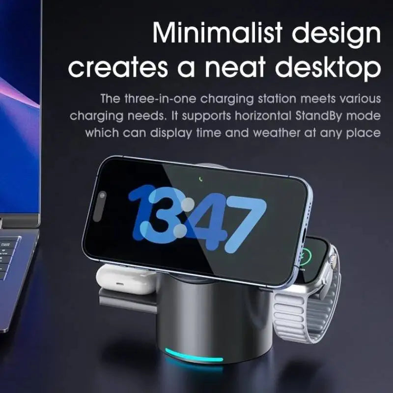 Close-up of a pop-up charging dock for Apple Watch and AirPods being activated by a smart touch sensor.