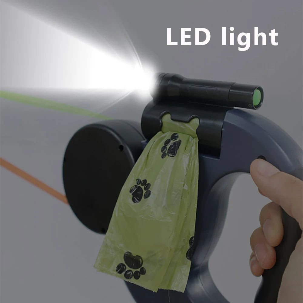 Integrated high-visibility LED light on the SmartNest™ dual-pet leash, ensuring safety and clear vision during evening walks in urban environments.