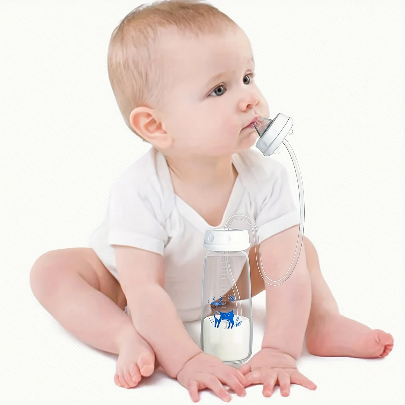 A busy mother using the hands-free feeding bottle attachment while the baby is in a stroller during an outdoor walk.