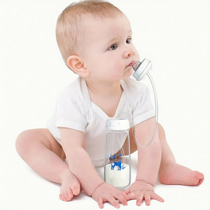 A busy mother using the hands-free feeding bottle attachment while the baby is in a stroller during an outdoor walk.