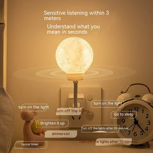 SmartNest™ Smart Voice Moon Light on a minimalist wooden bedside table, displaying a realistic lunar texture and soft warm glow.