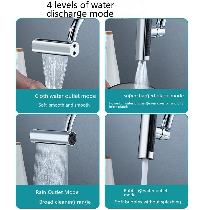 Demonstration of the four-speed water outlet modes on the SmartNest™ kitchen bibcock, including rain shower, pressurized blade, and classic stream.