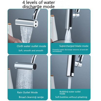 Demonstration of the four-speed water outlet modes on the SmartNest™ kitchen bibcock, including rain shower, pressurized blade, and classic stream.