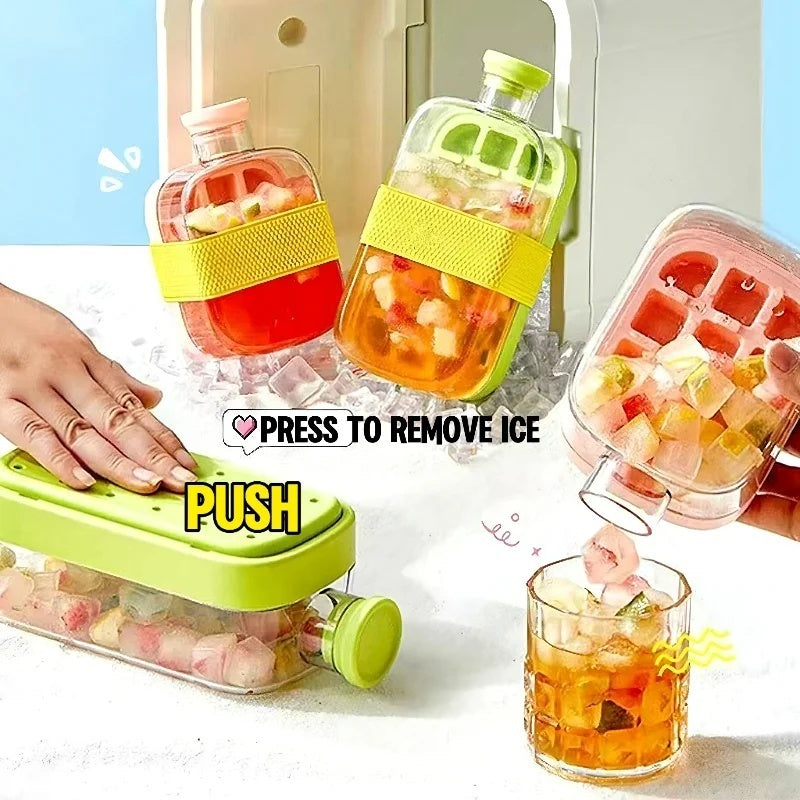 SmartNest™ 2-in-1 Ice Drink Bottle, showcasing its dual-chamber design with ice cubes on one side and a beverage on the other.